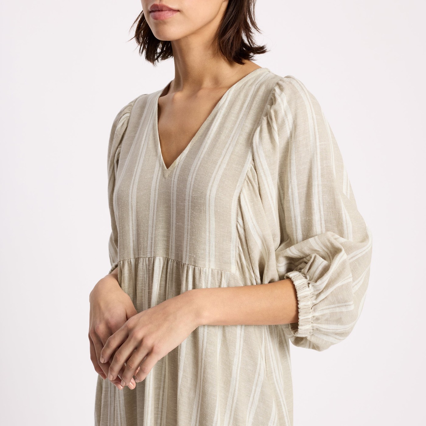Linen Blend Stripe V Neck Dress view 3