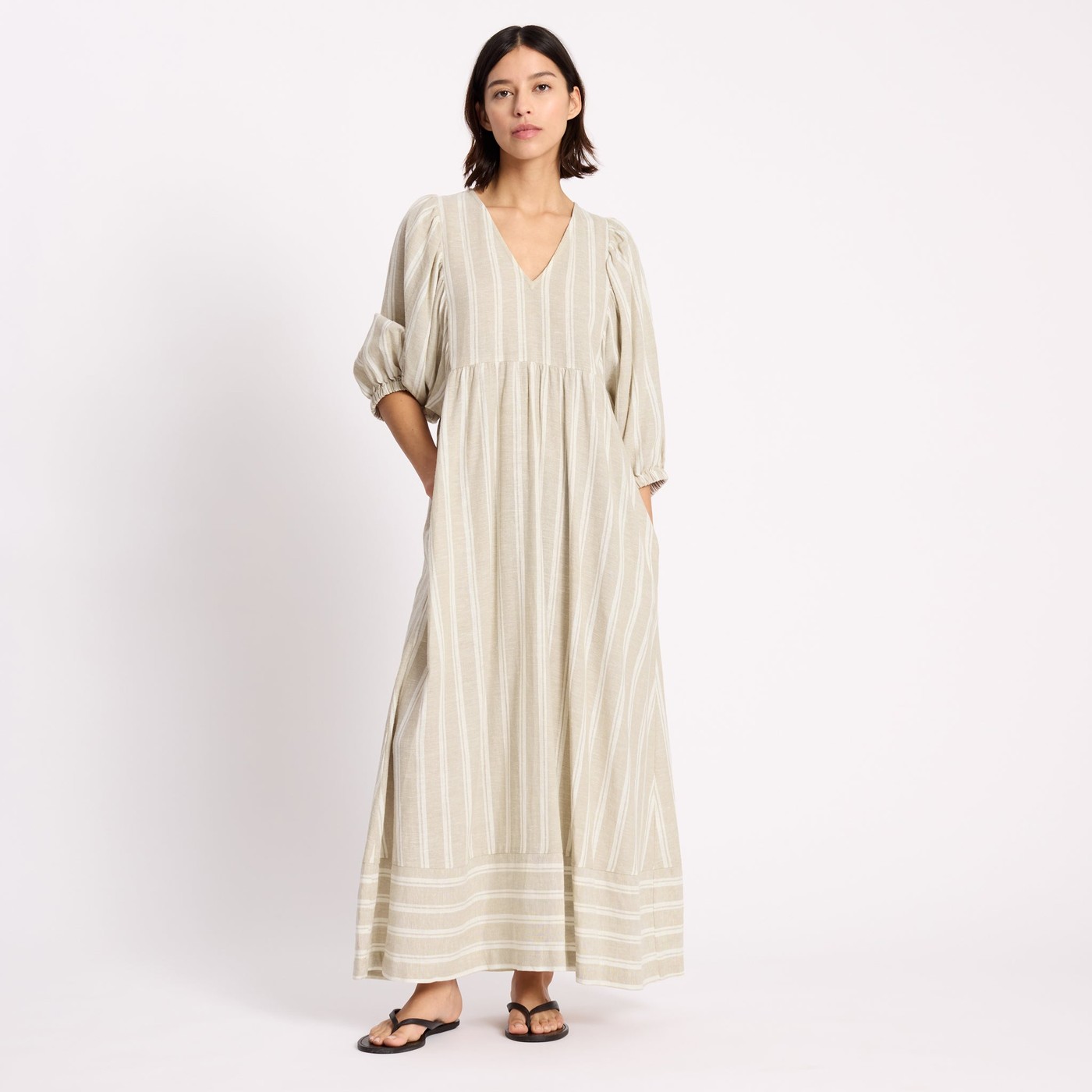 Linen Blend Stripe V Neck Dress view 4