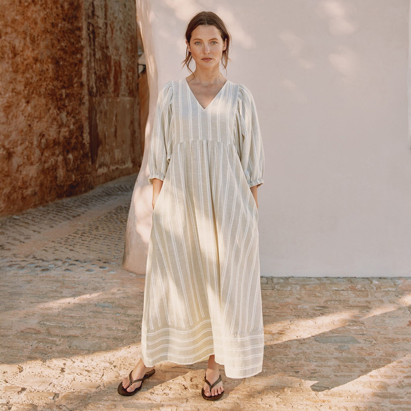 Linen Blend Stripe V Neck Dress