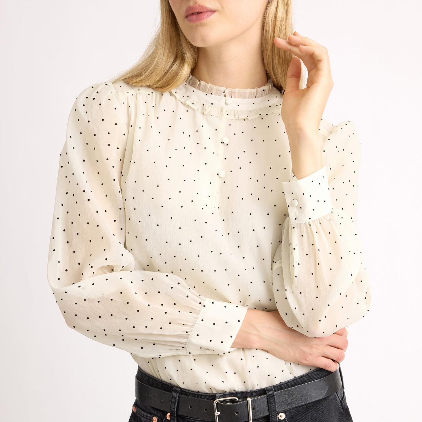 Flocked Spot Ruffle Neck Top view 3
