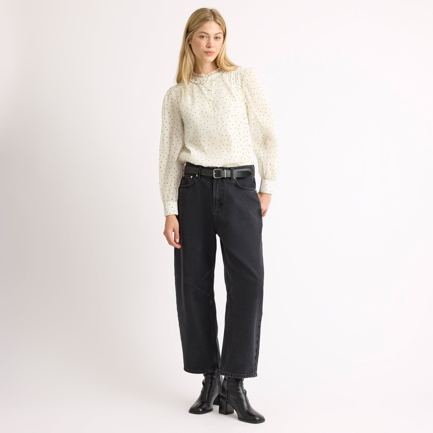 Flocked Spot Ruffle Neck Top view 4