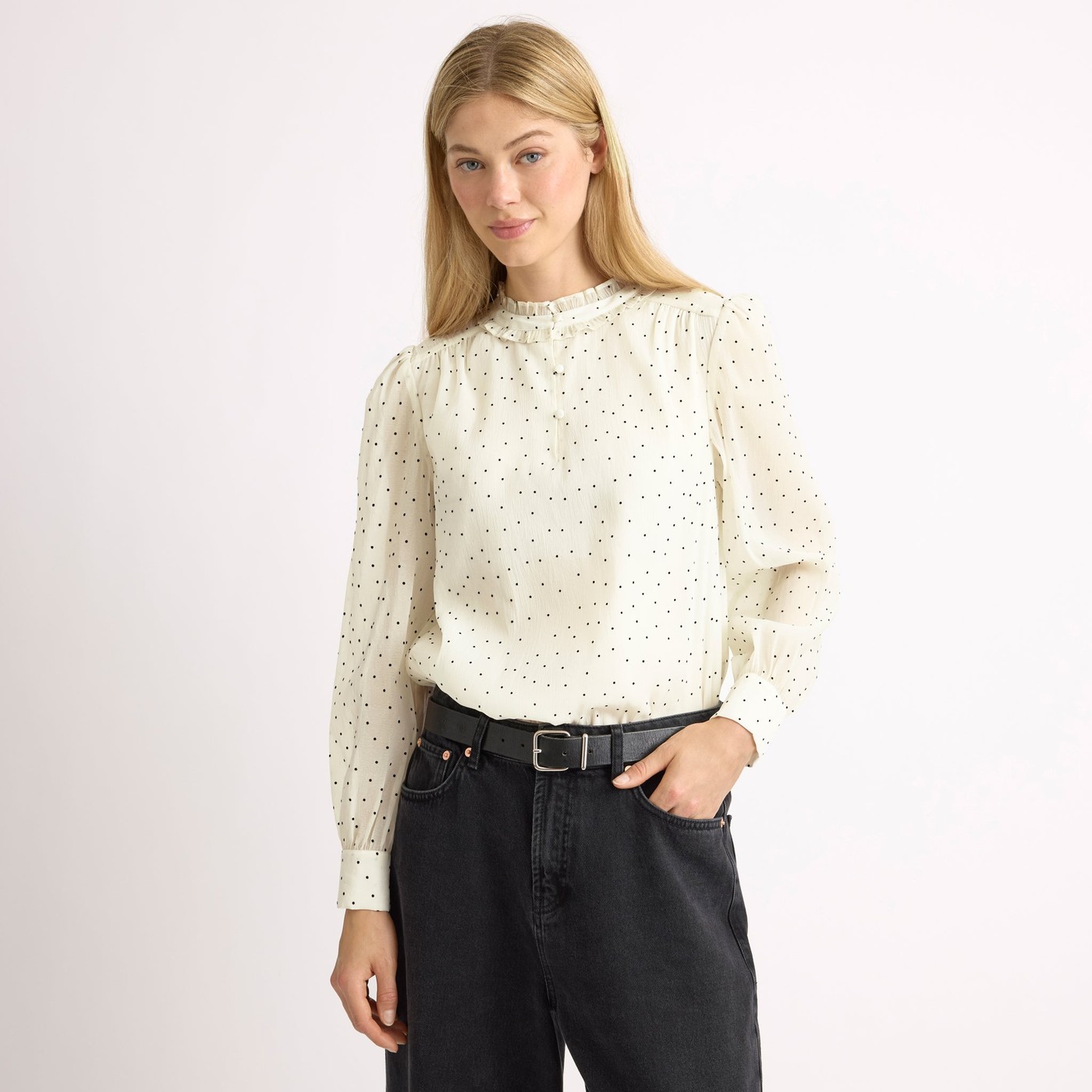 Flocked Spot Ruffle Neck Top