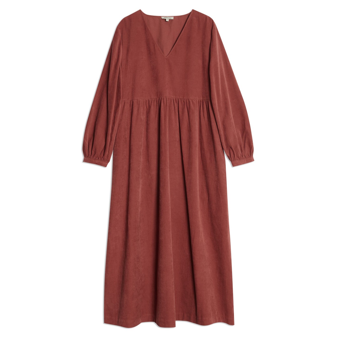 Re-Loved Rust Cord V Neck Gathered Midi Dress - Size 10